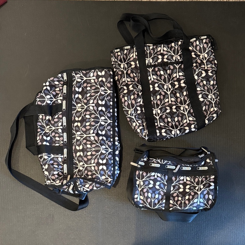 LeSportsac Arbor Tree Black and White Leaf Pattern Duffle, Purse, and Tote Set 3
